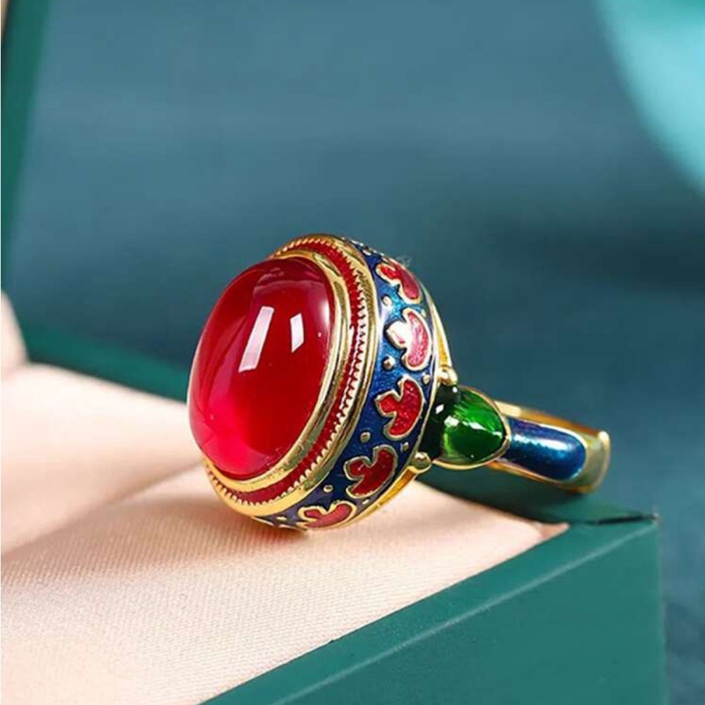 Vintage Style Enamel Flower Ruby Ring